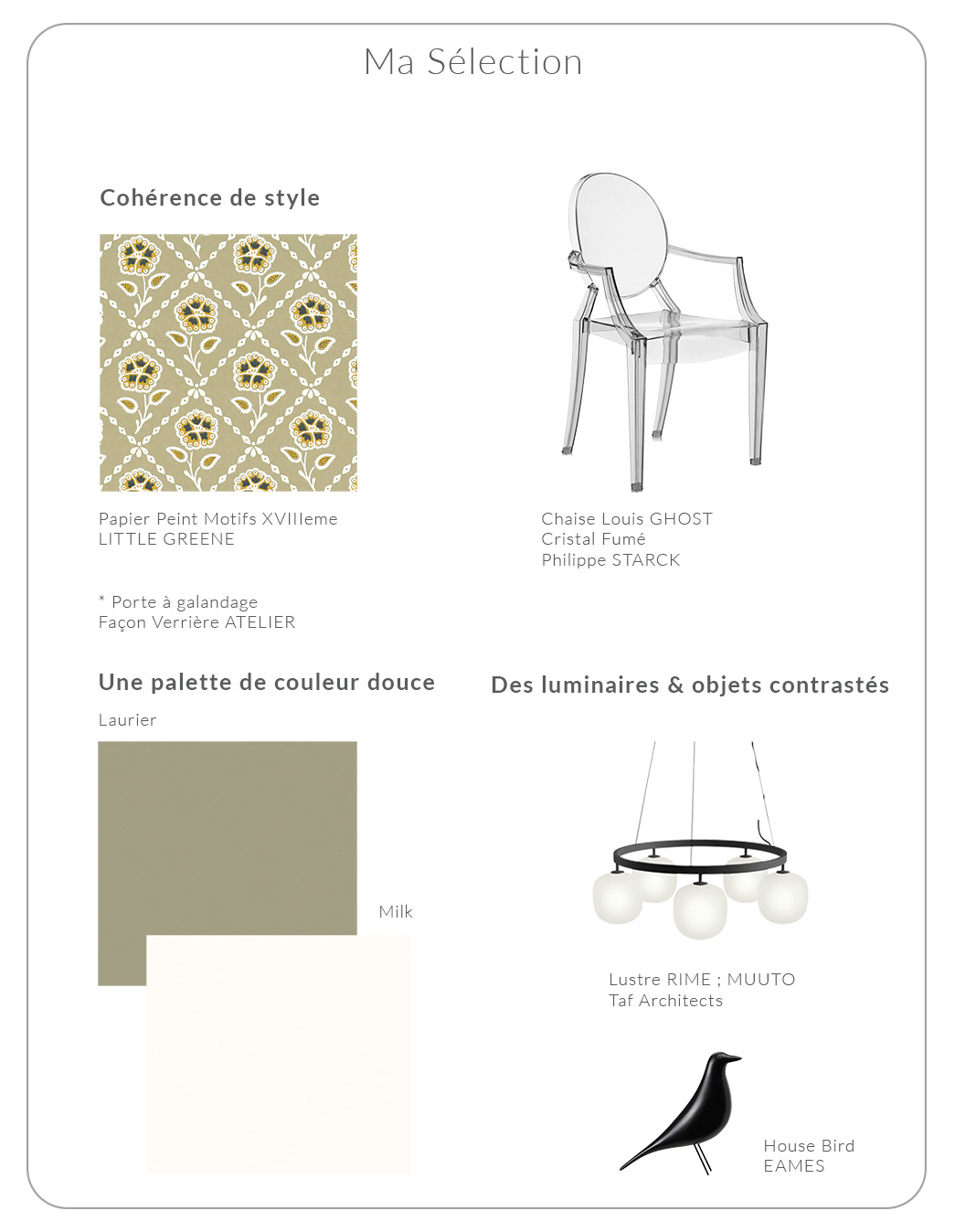 L'alliance audacieuse du classique et du design; Mise en scène d'un secrétaire Louis XVI d'époque, sublimé par la transparence d'une chaise Ghost, un lustre Muuto et un papier peint contemporain aux motifs géométriques.